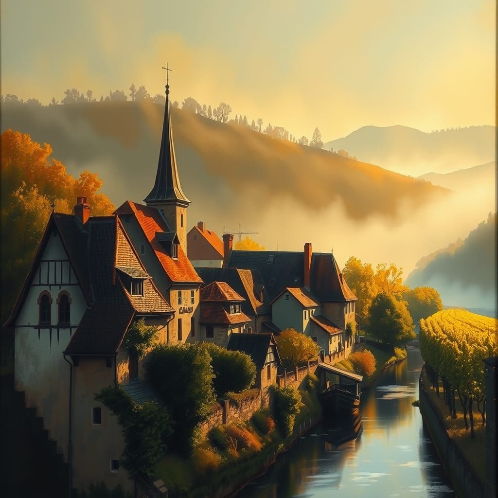 Atmospheric Oil Painting of Historic Moselle Village at Gold...