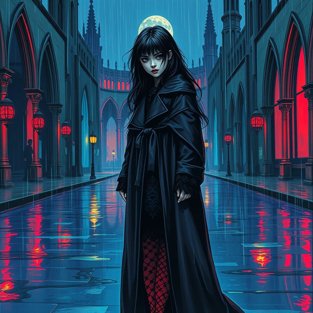 Gothic Girl in Neon Rain