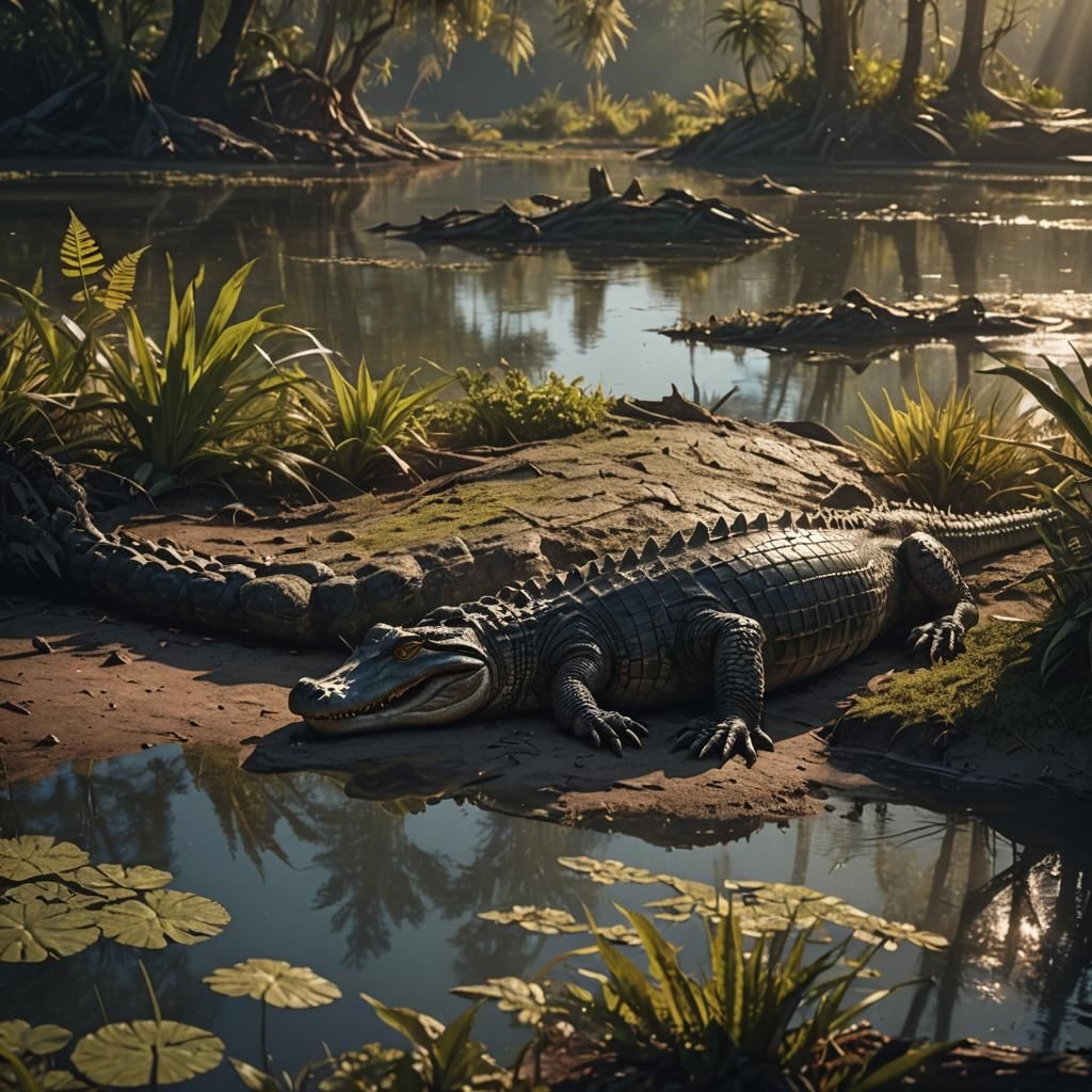 Alligator Basking in Sunlight: Dramatic Digital Painting