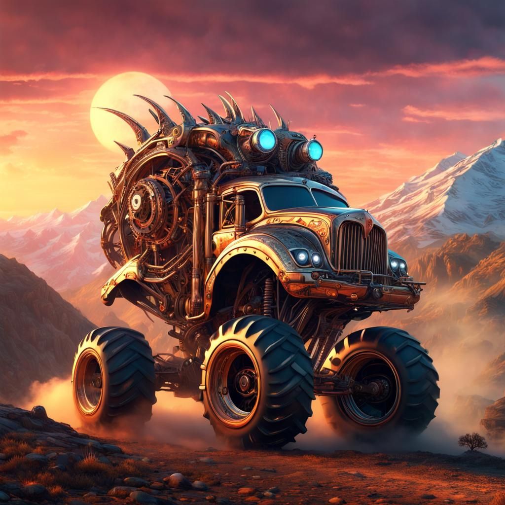 Steampunk Monster Truck at Sunset in 3D