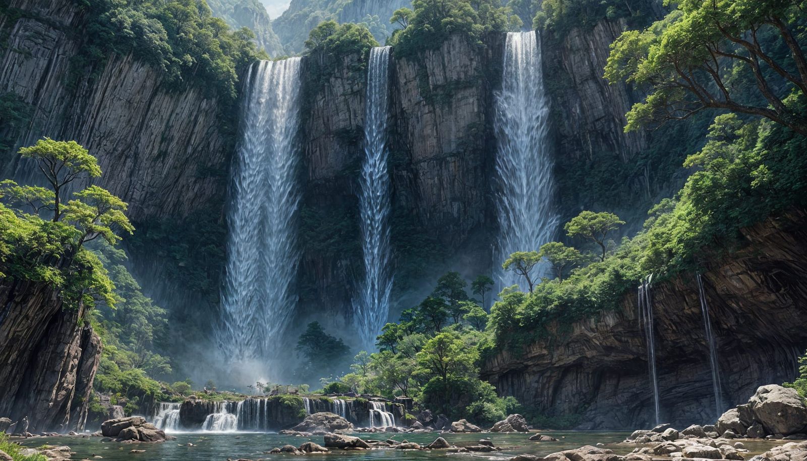 Anime Waterfall Art in Cel-Shaded Style
