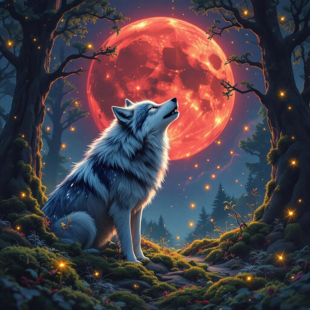 Ethereal Wolf Howling at Blood Moon in Surreal Scene