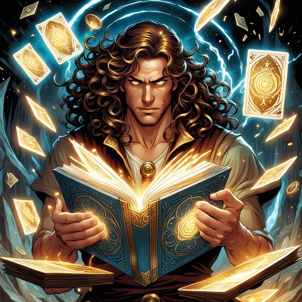 Young Man Summons Magic Cards: Comic Book Art