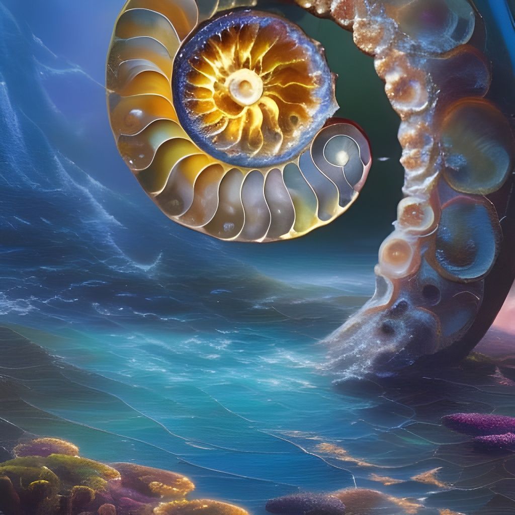 Stained Glass Ammonite in Ethereal Ocean Scene