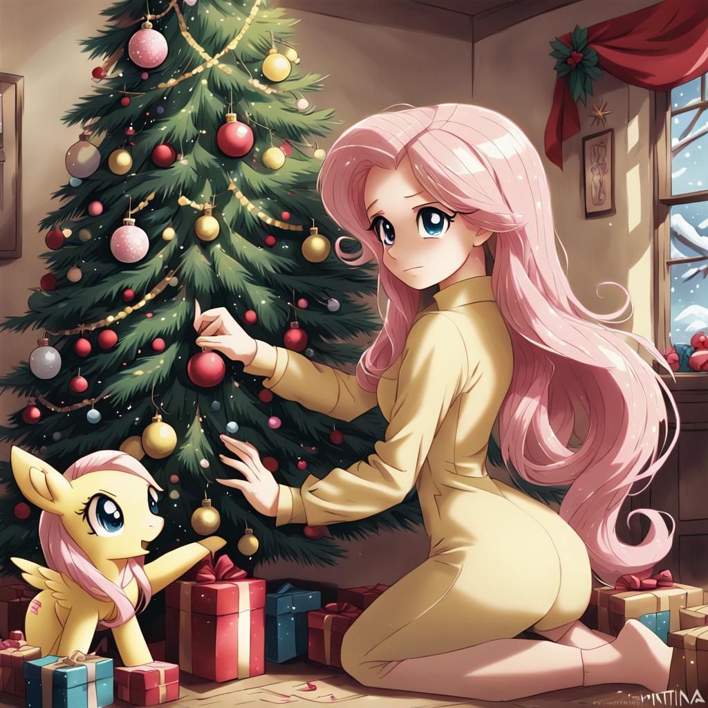 Fluttershy Decorating Christmas Tree in Anime Style