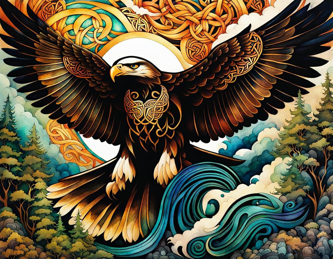 Celtic Eagle Nouveau Vague Watercolor Illustration