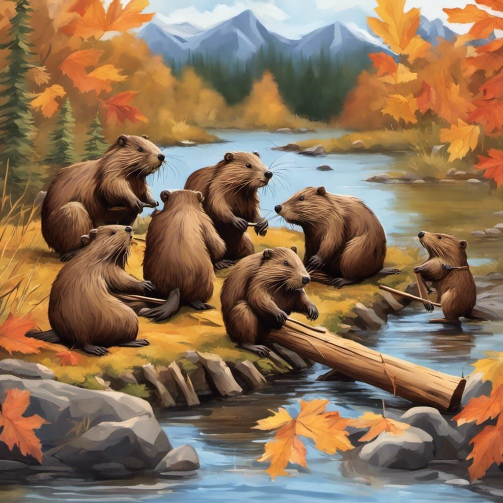 Beavers Building a Dam in Autumn