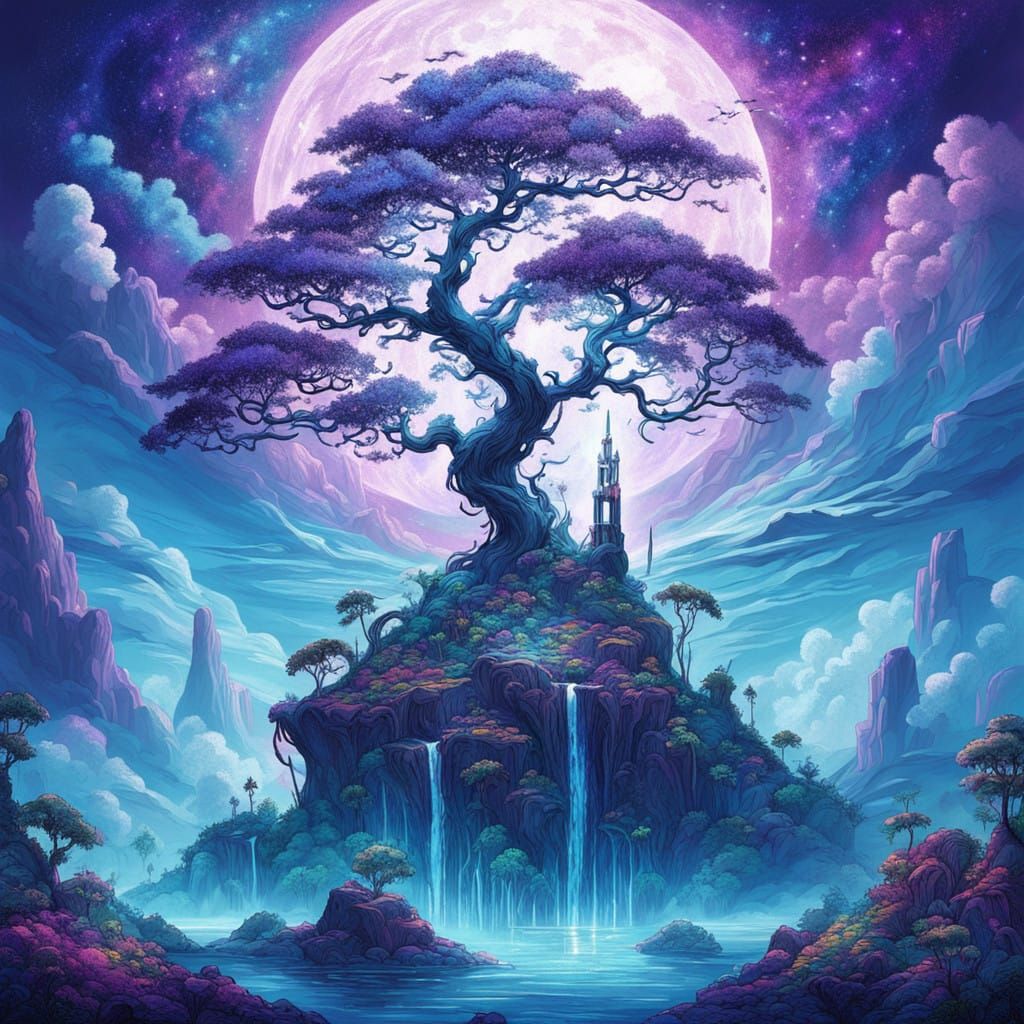 Ethereal Island with Sword in Crystal Rock Formation