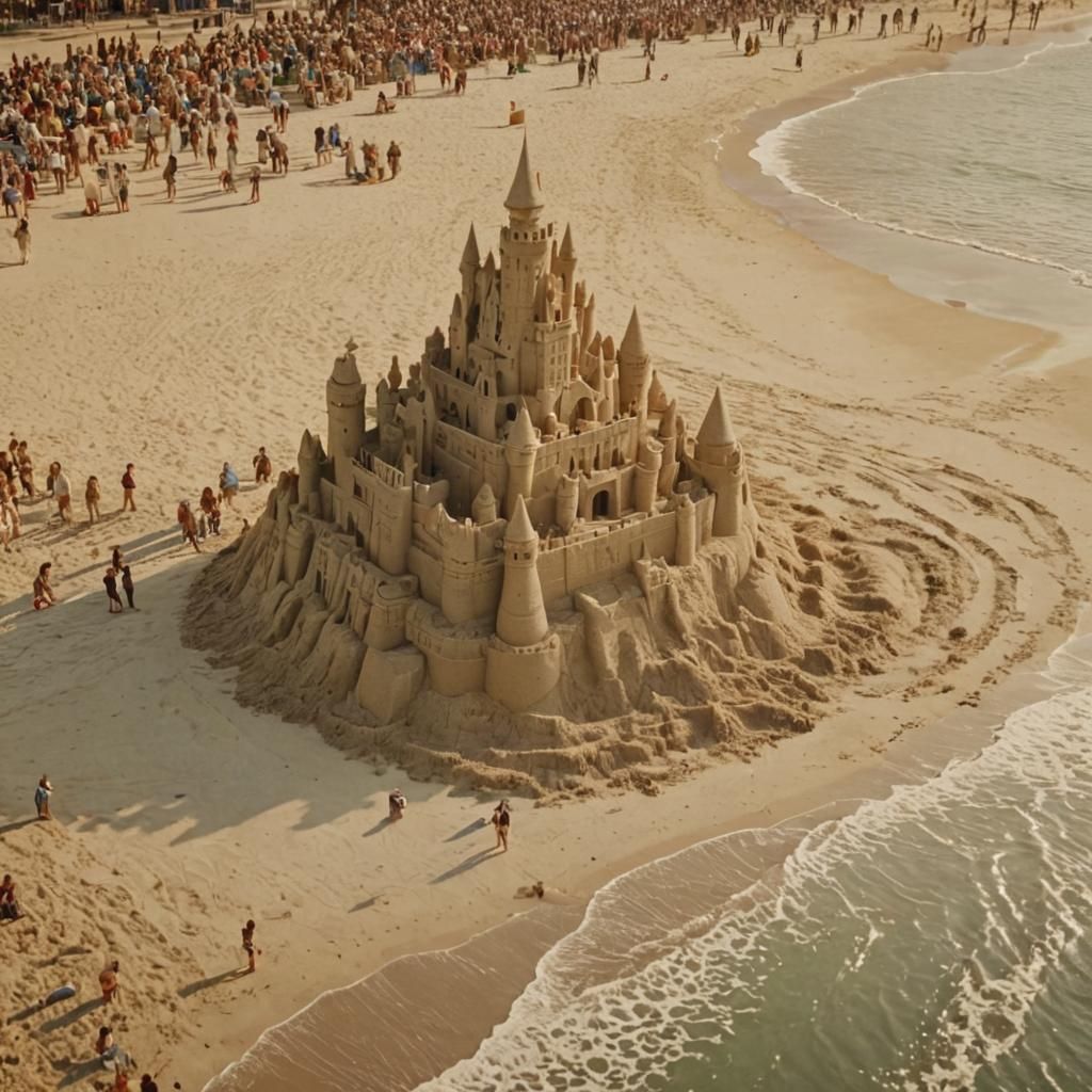 Massive Sand Castle on Beach at Sunrise