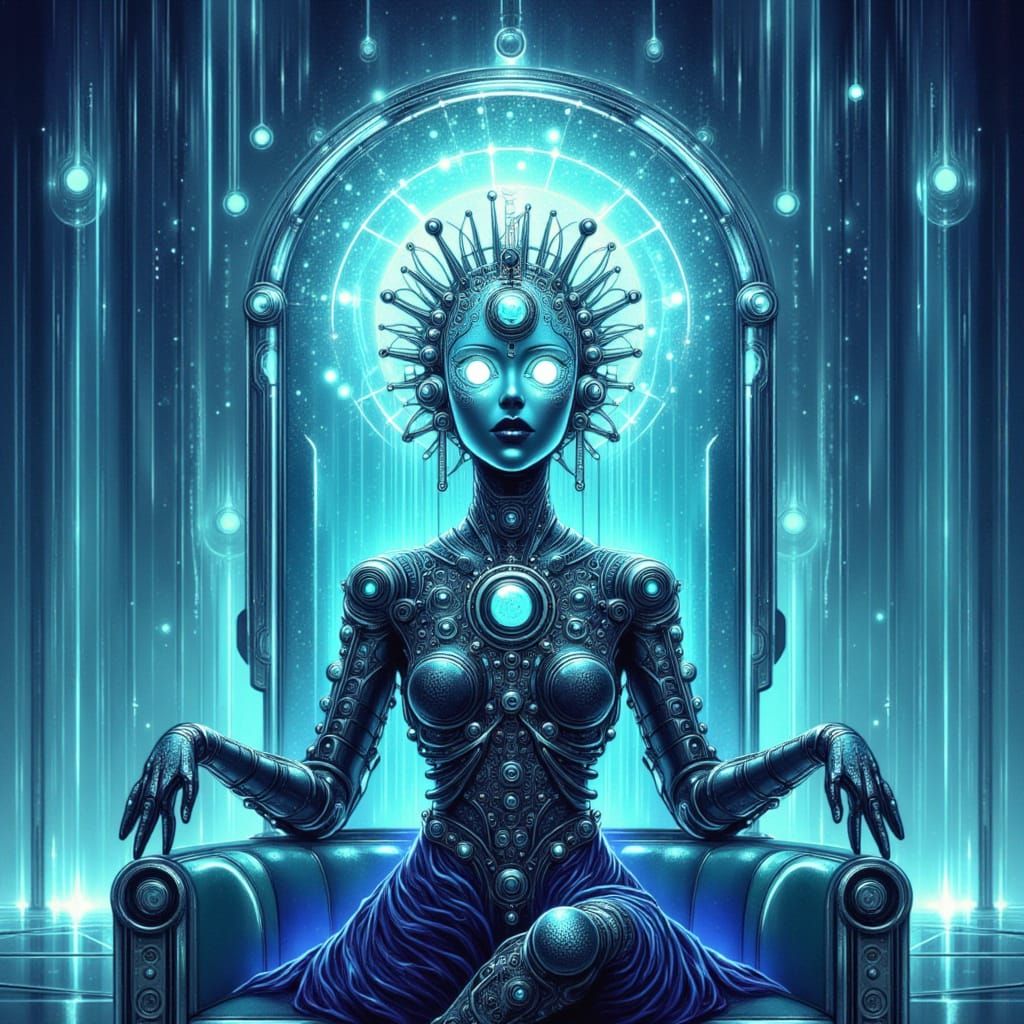 Futuristic Empress with Light Crown in Sci-Fi Throne Room