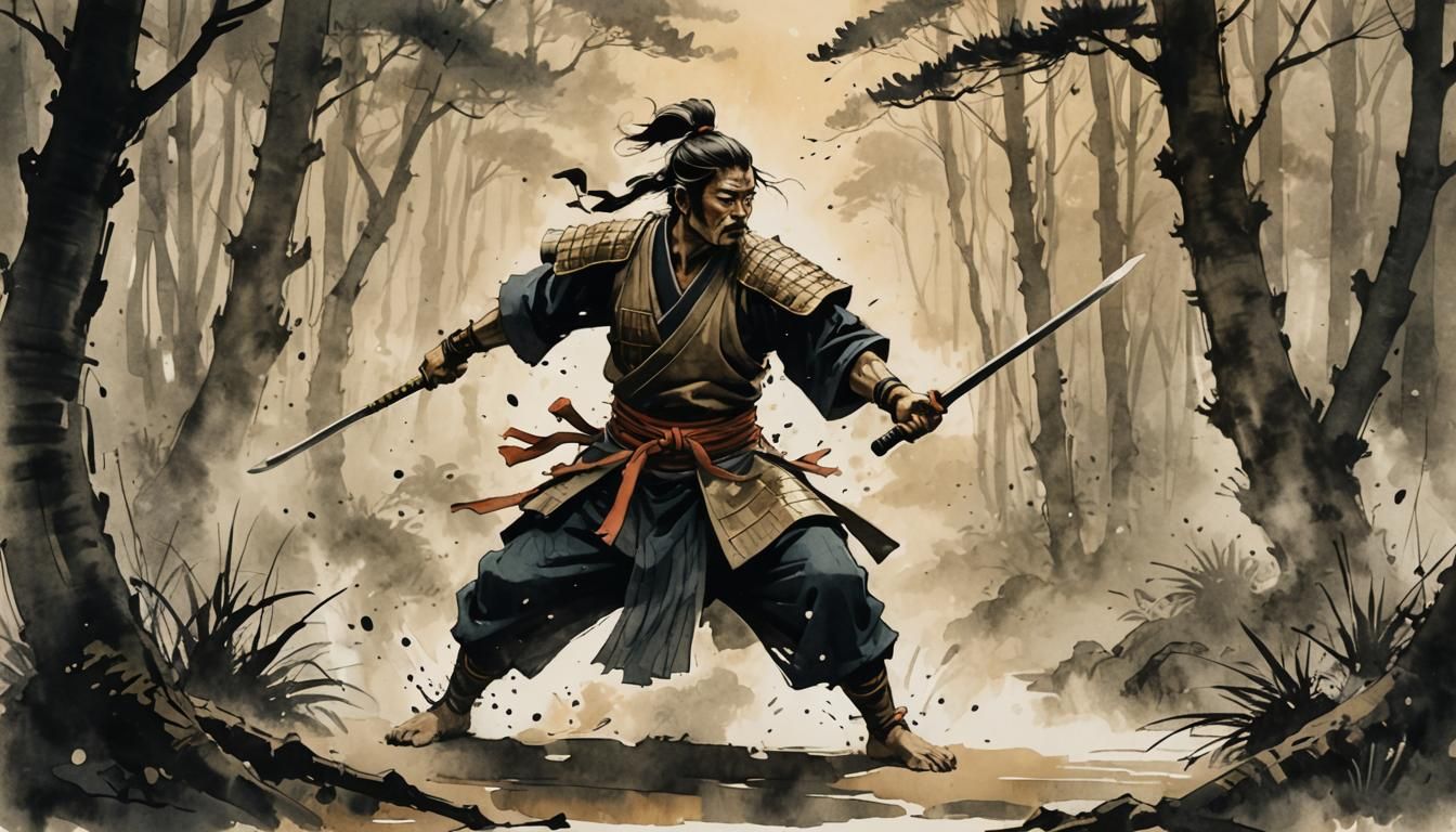 Asian Warrior Training: Sumi-e Ink Illustration