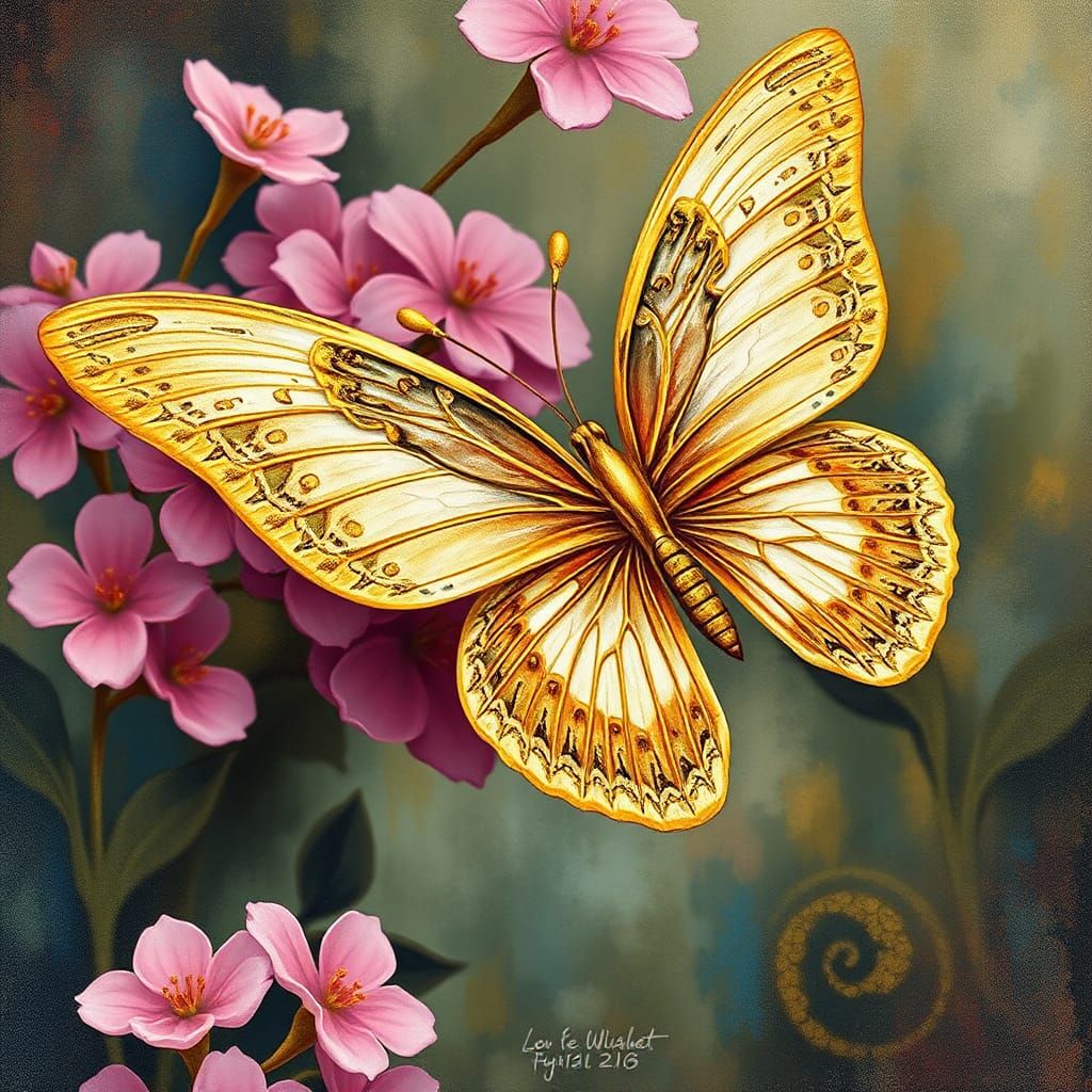 Lace-Winged Butterfly with Golden Spirals in Abstract Art