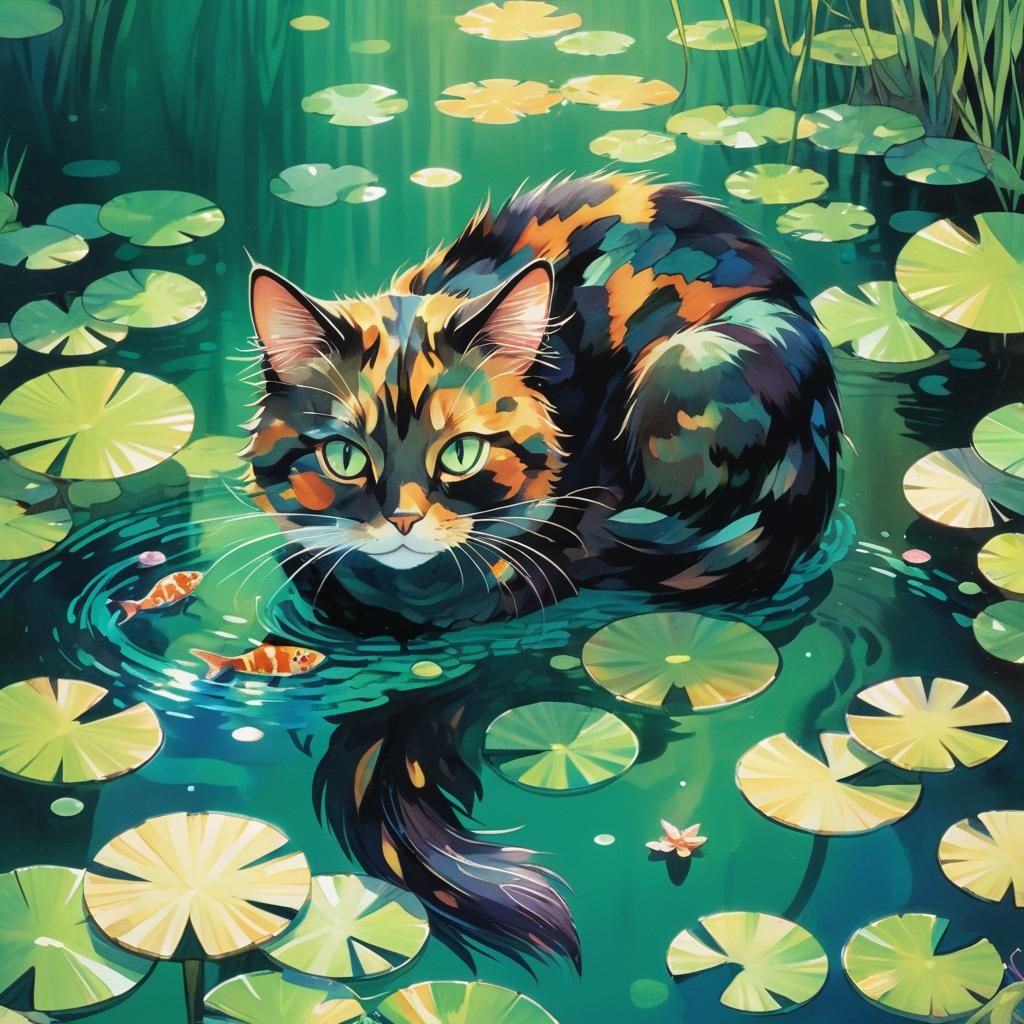 Gems and Reflections: Tortoiseshell Cat in Manga Style
