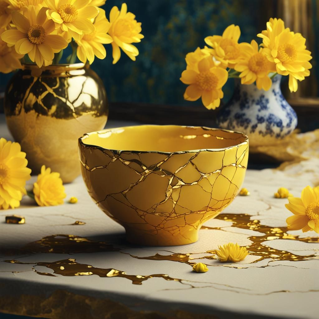 Kintsugi Cup Still Life with Yellow Flowers