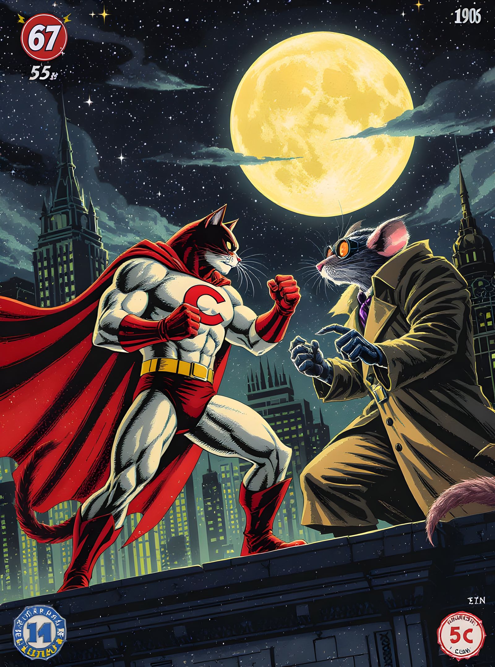 Cat Superhero vs Rat Villain in 1940s Comic Style