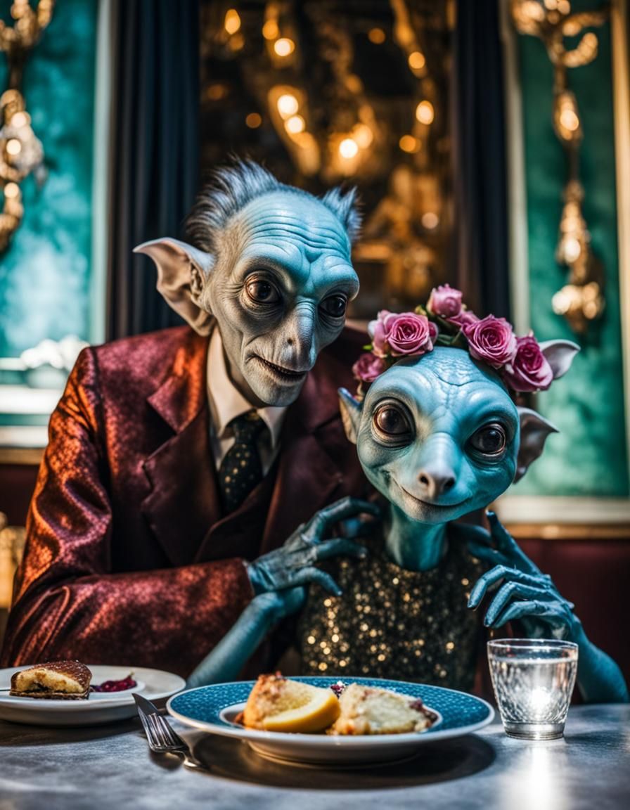 Surreal Restaurant Celebration with Exotic Aliens, Hyperreal...