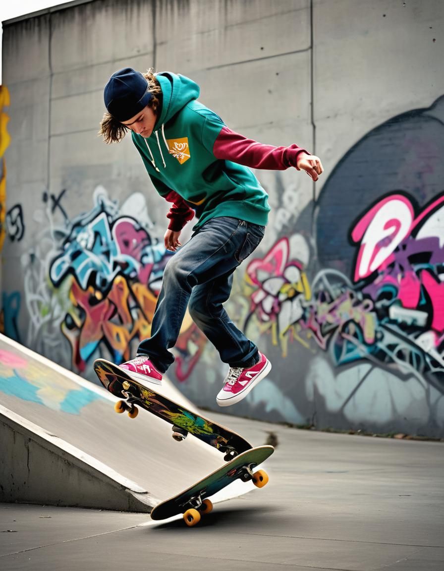 Skateboarder Mid-Kickflip in Urban Setting