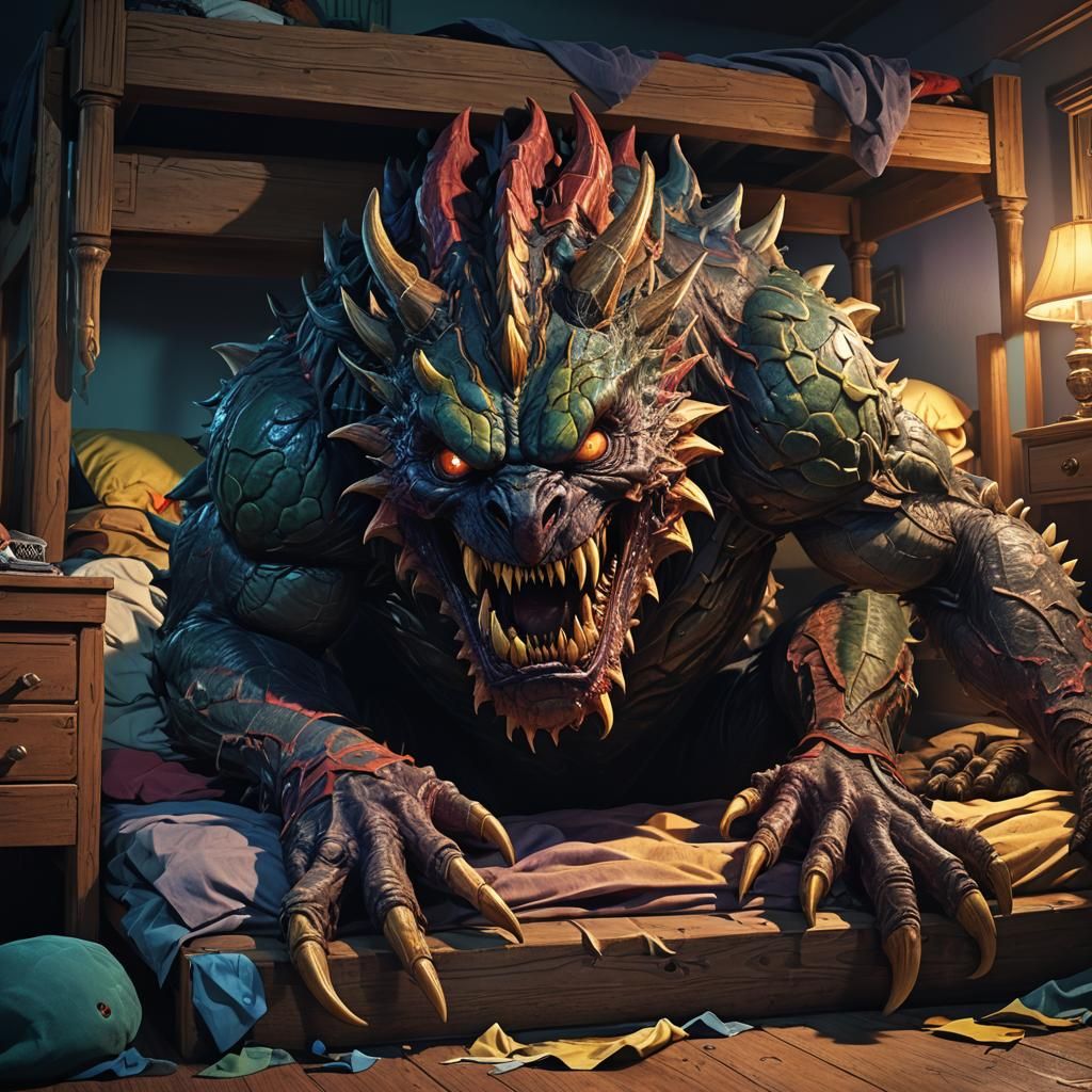 Giant Monster Hiding Under Bed: Hyperrealistic Concept Art