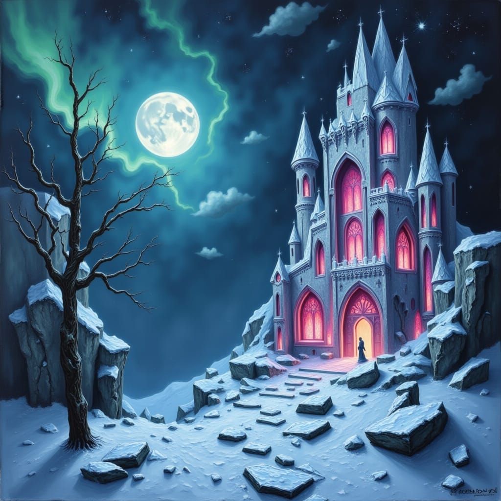 Pink Ice Castle on Arctic Iceberg Under Midnight Sky