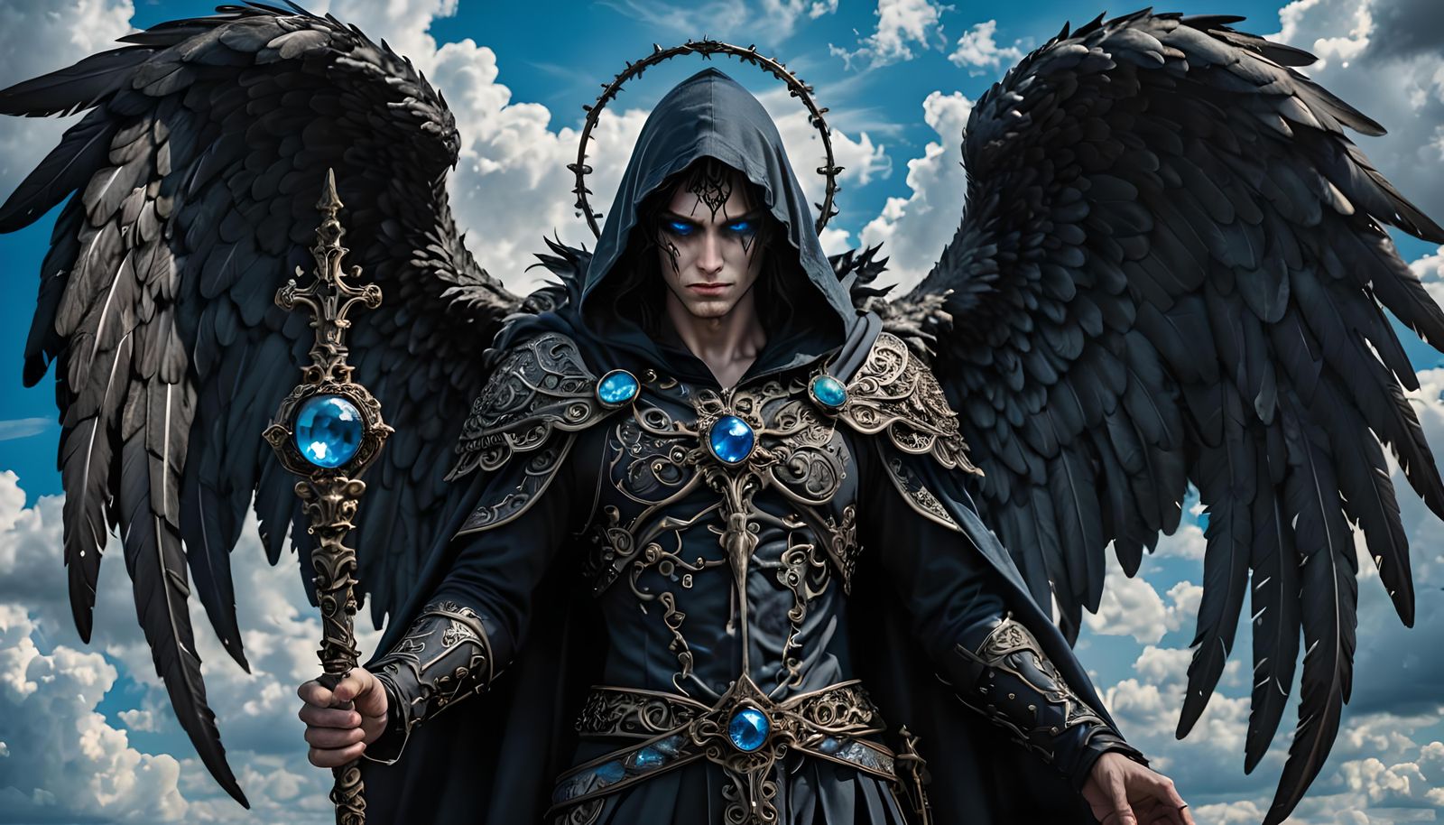 Black Winged Angel of Death with Blue Jewel Staff