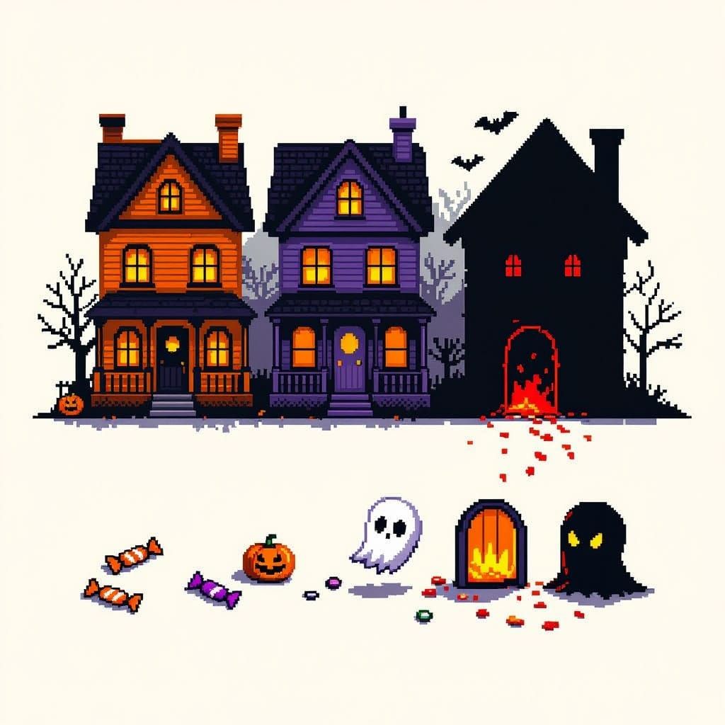 Eerie 8-Bit Halloween Houses in Retro Horror Style
