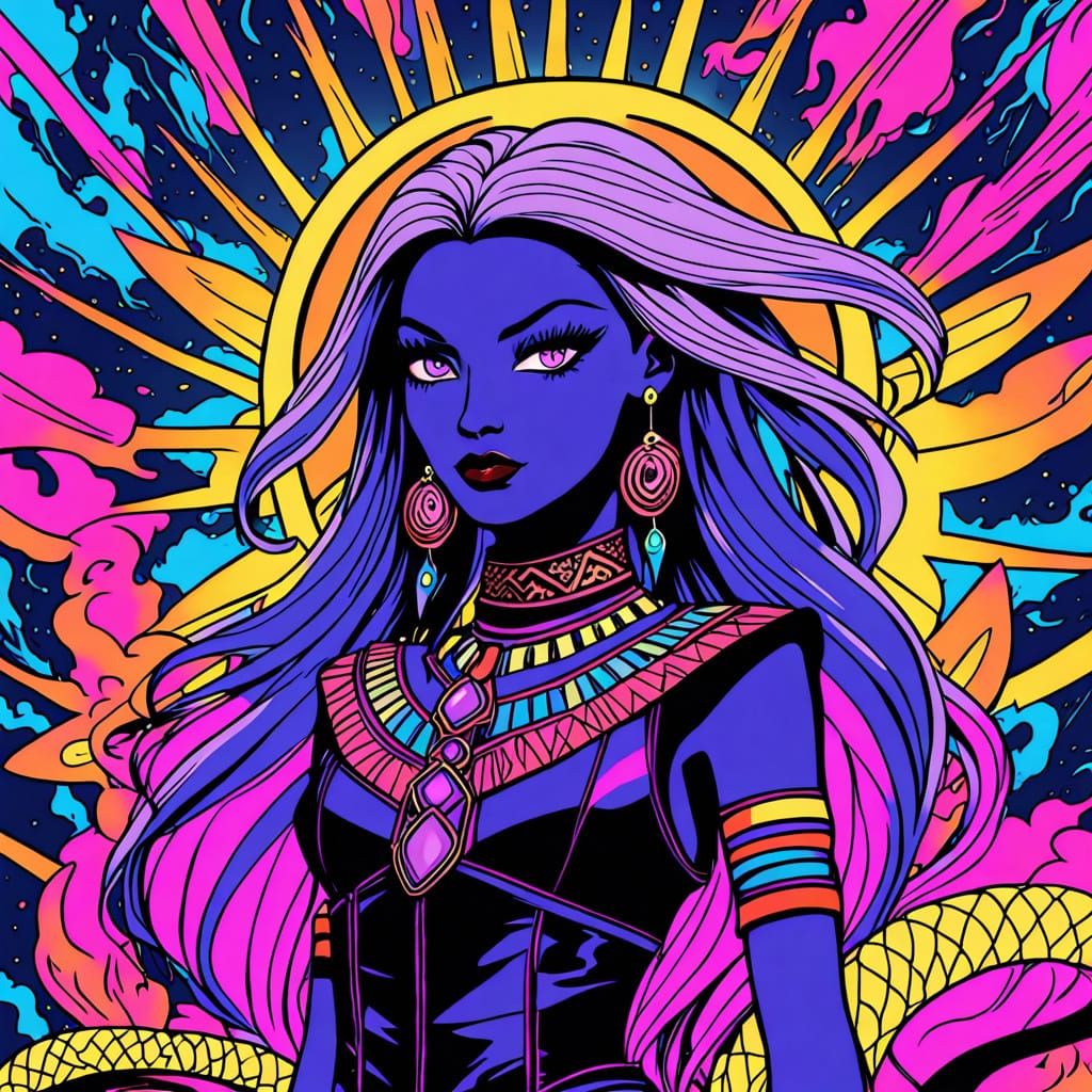 Powerful Sorceress with Magic Flames and Ethnic Features