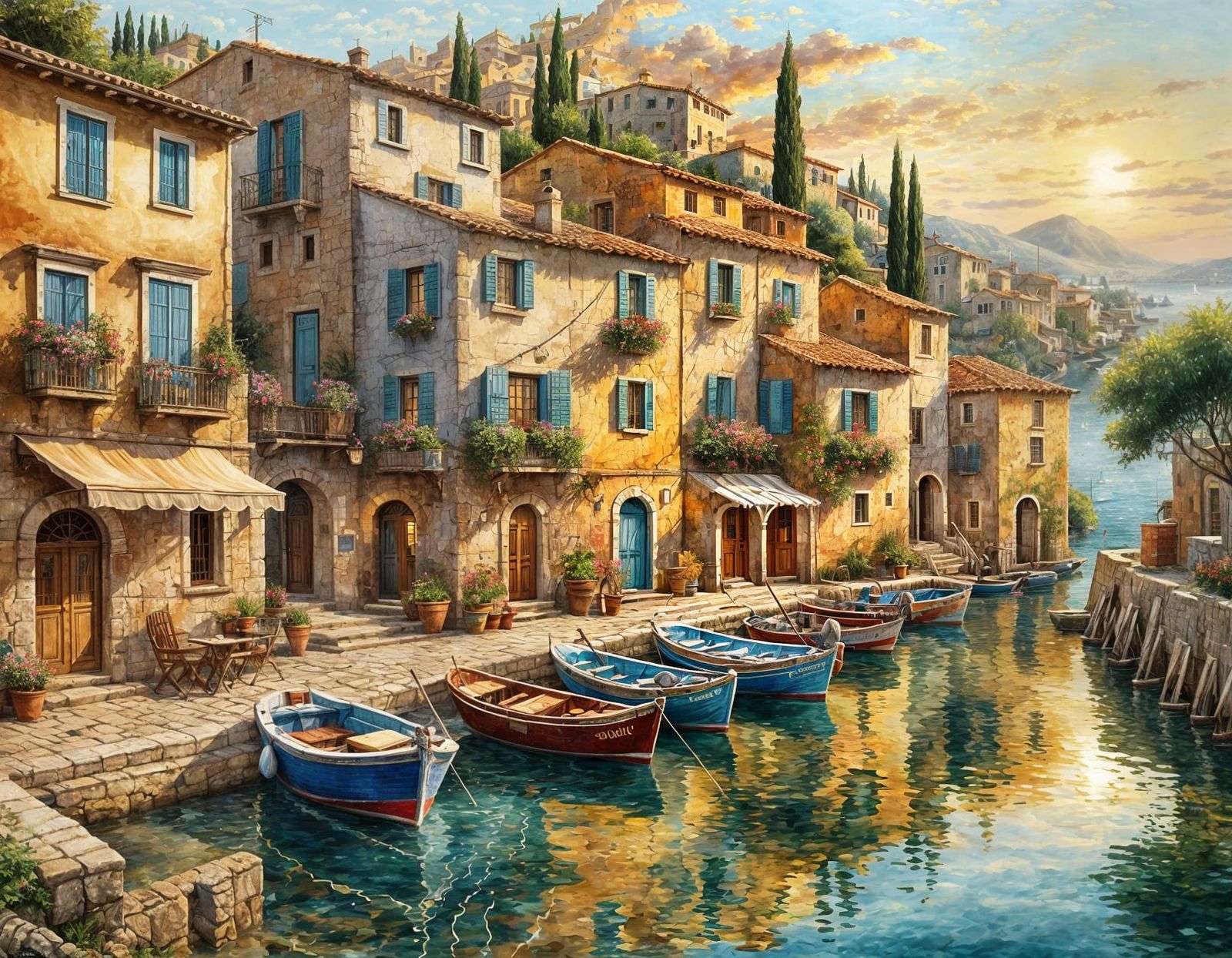 Vintage Mediterranean Fishing Village Watercolor Illustratio...