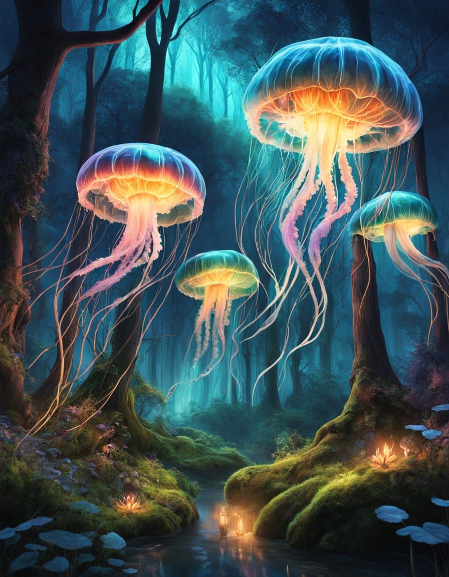 Bioluminescent Jellyfish Over Enchanted Forest Canopy