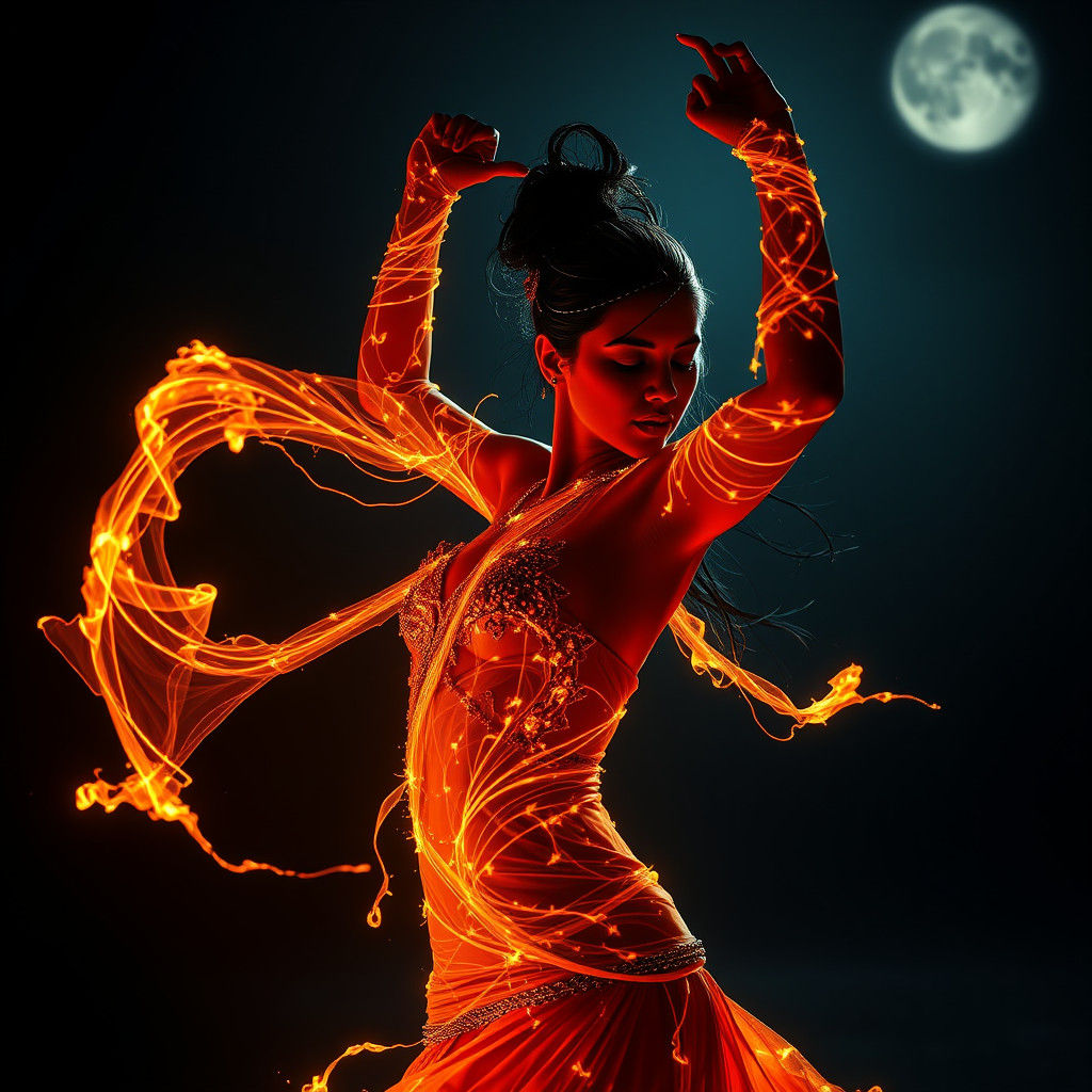 Exotic Fire Dancer in Moonlight: Hyperrealistic Portrait