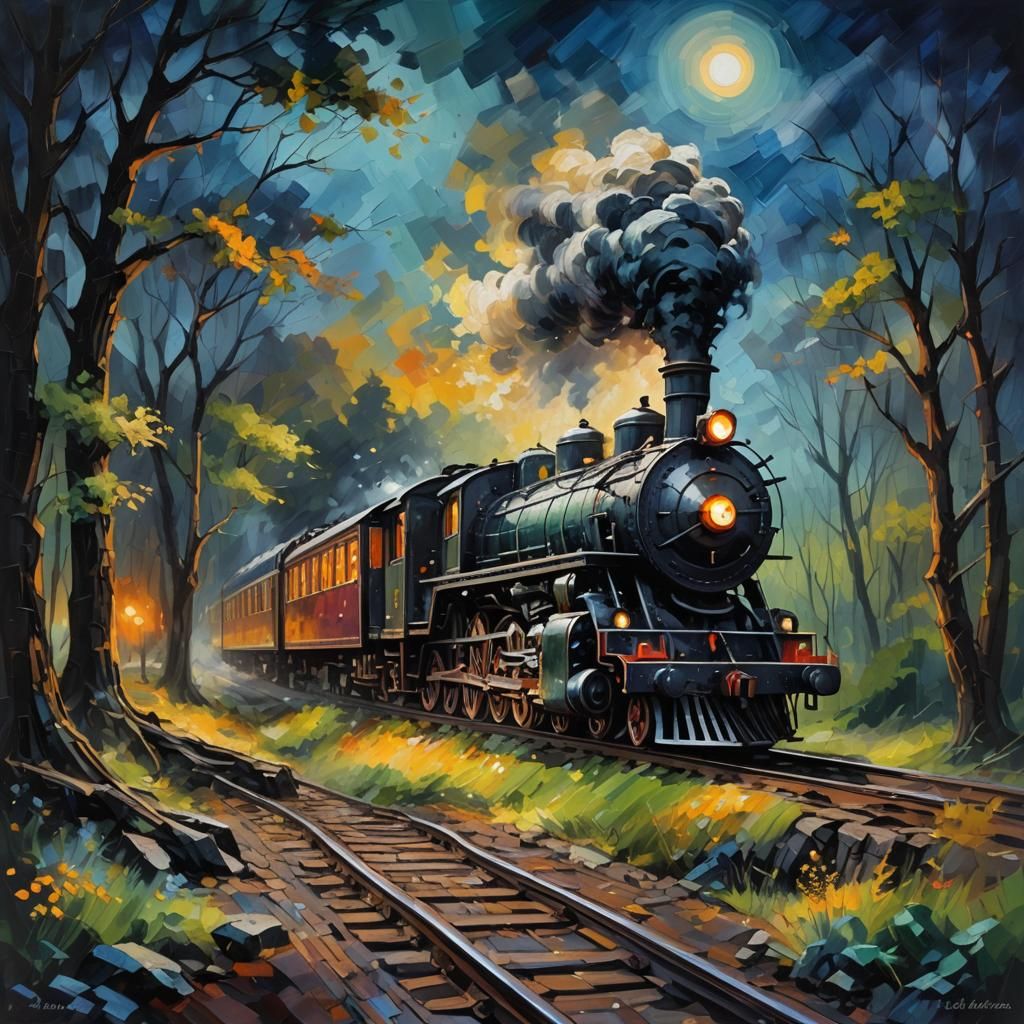 Abstract Steam Train Through Landscape: Oil Painting