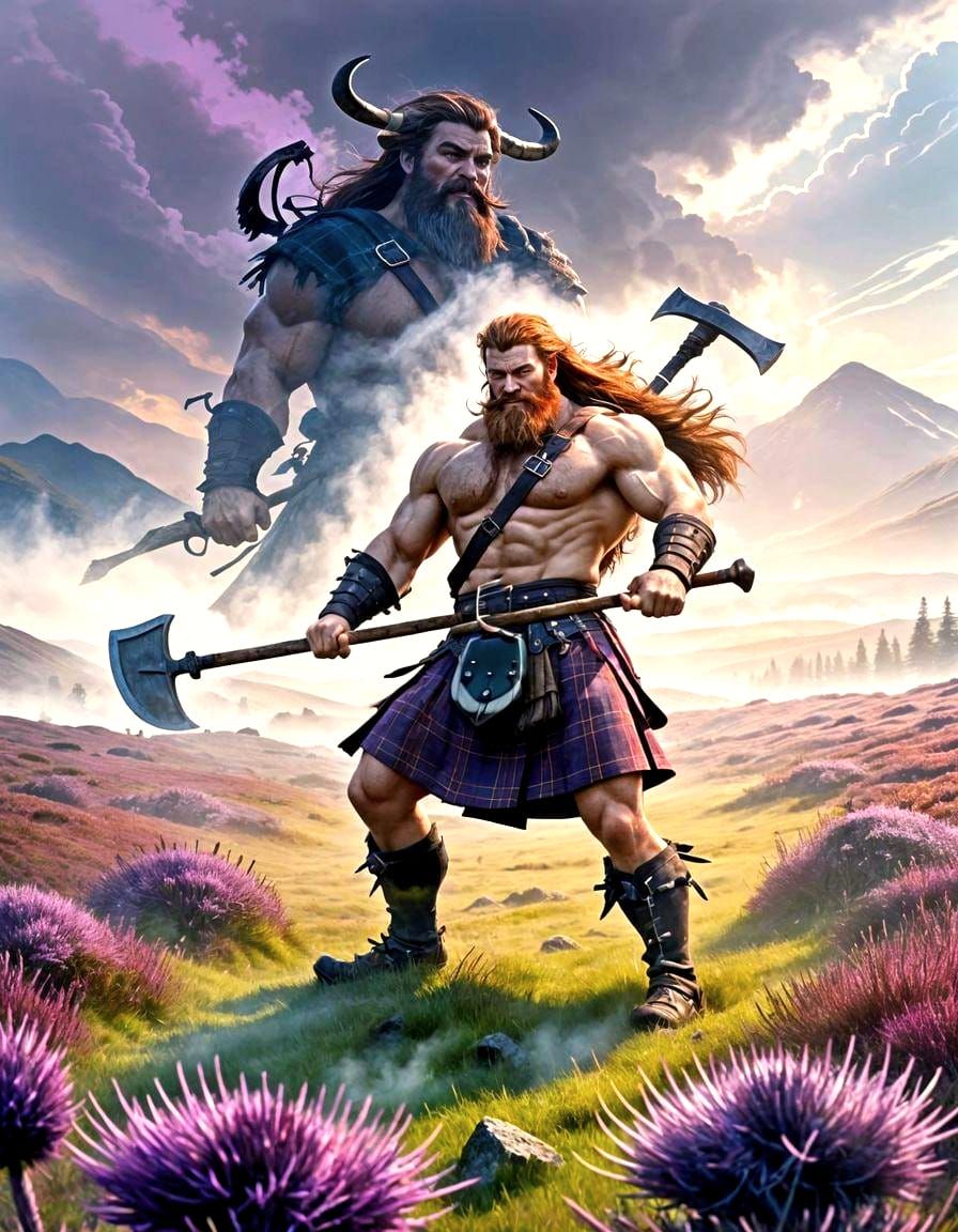 Heroic Highlander in Misty Scottish Meadow, Ghibli Style