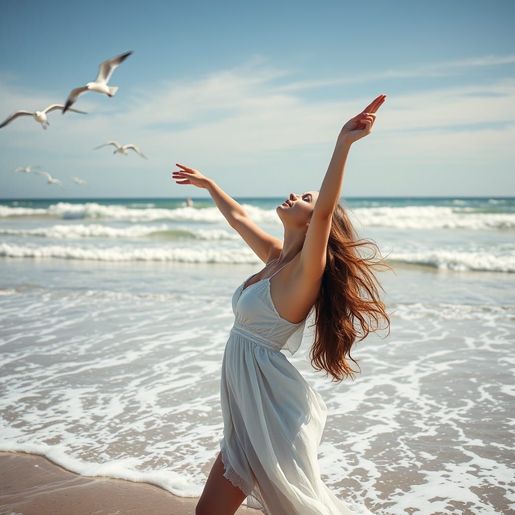 Woman on Beach Listening to Surf, Fine Art Style