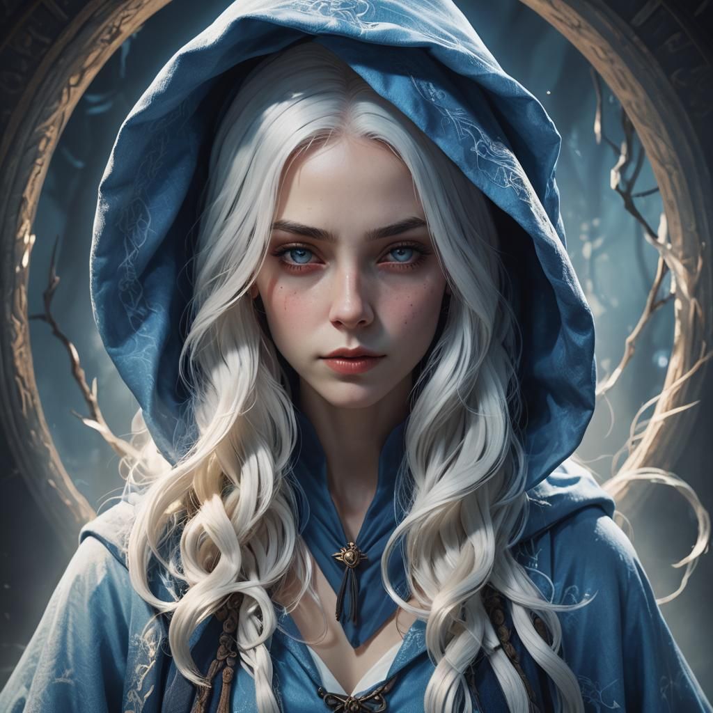 Beautiful Blue Witch Portrait in Dreamy Concept Art Style