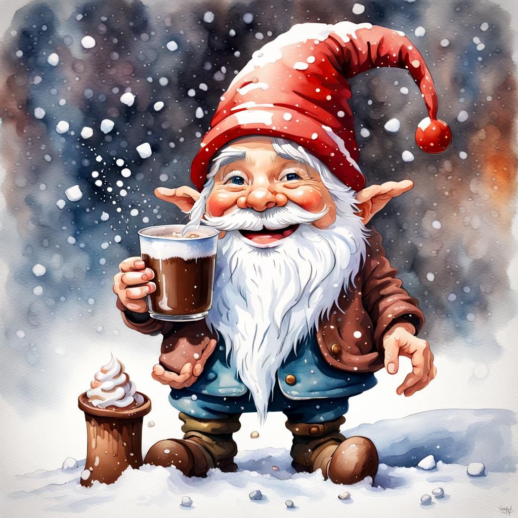 Gnome with hot chocolate mug with  a big smile on his face