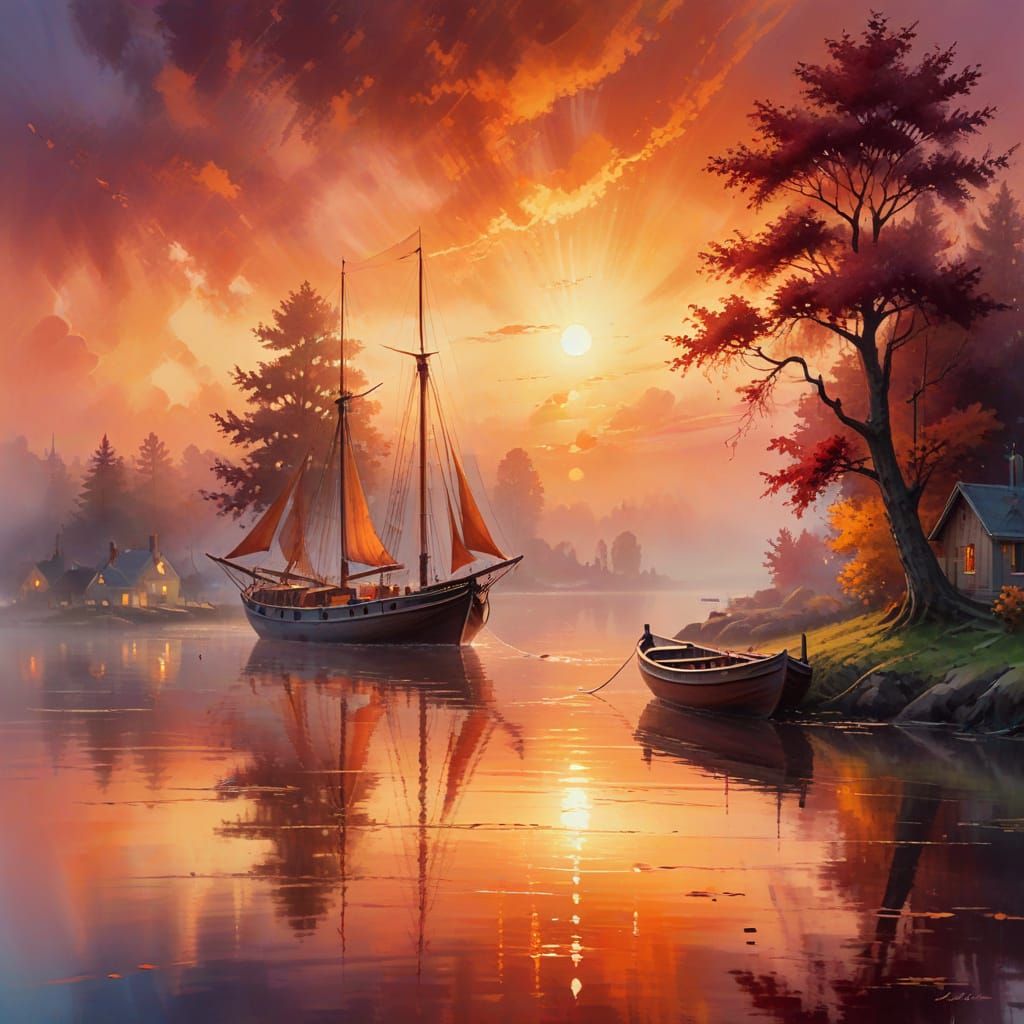 Dreamy Sunset Harbor Scene in Oil Painting Style