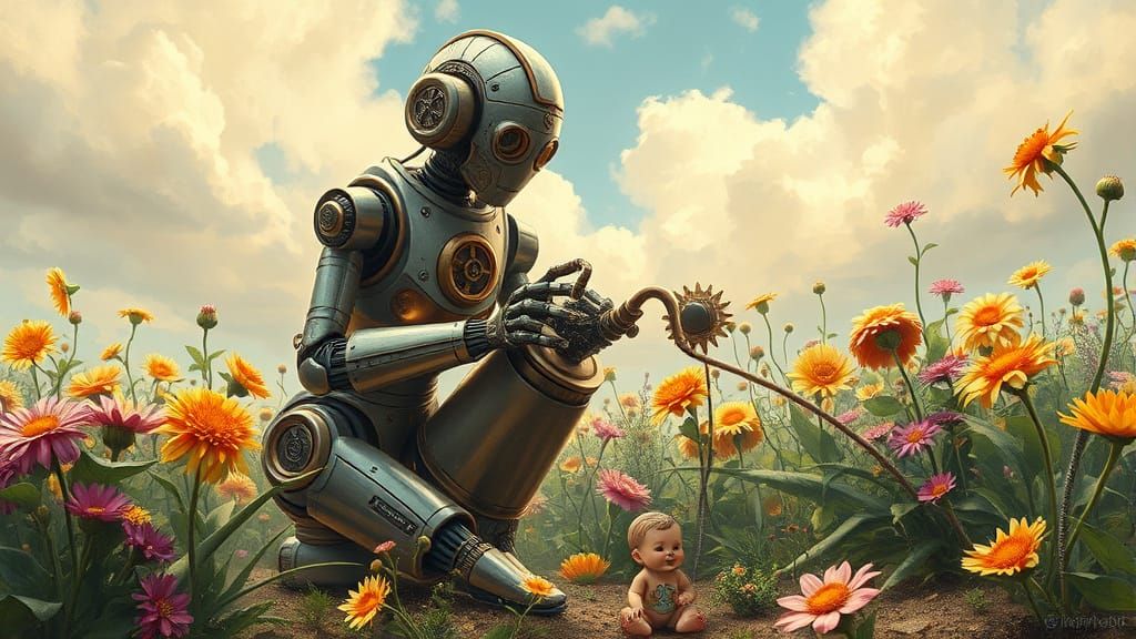 Steampunk Mother Robot Tending Clockwork Garden in Hyper-Det...