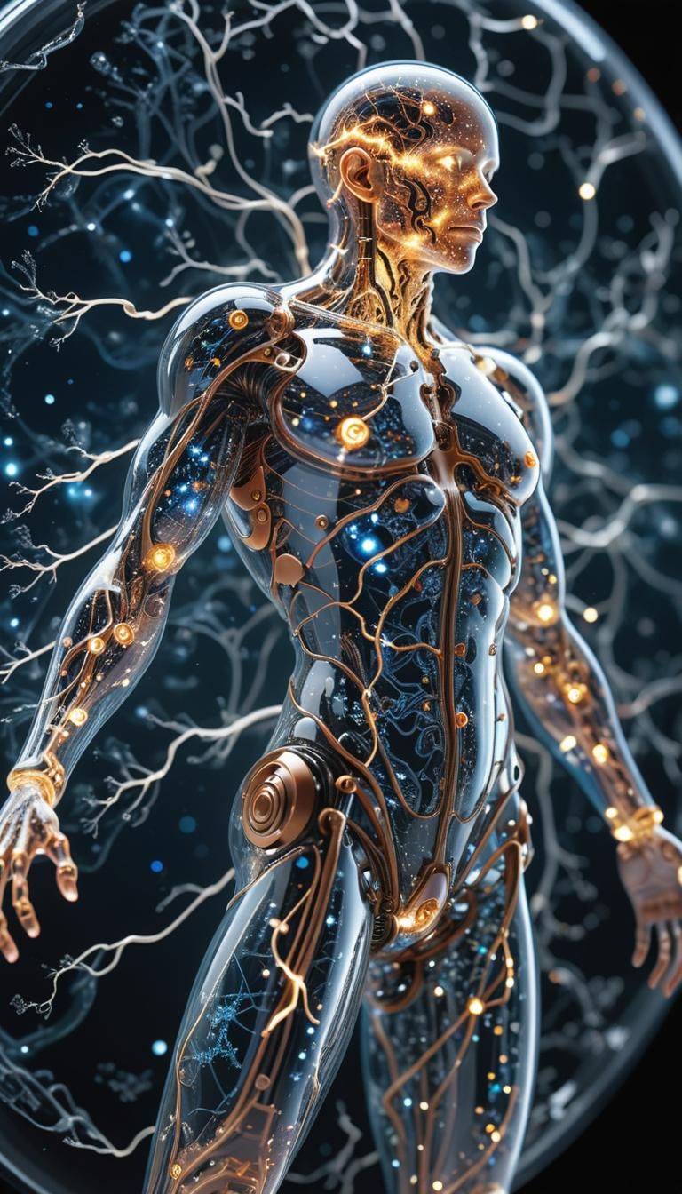 Glass Cyborg Floating in Space Galaxy