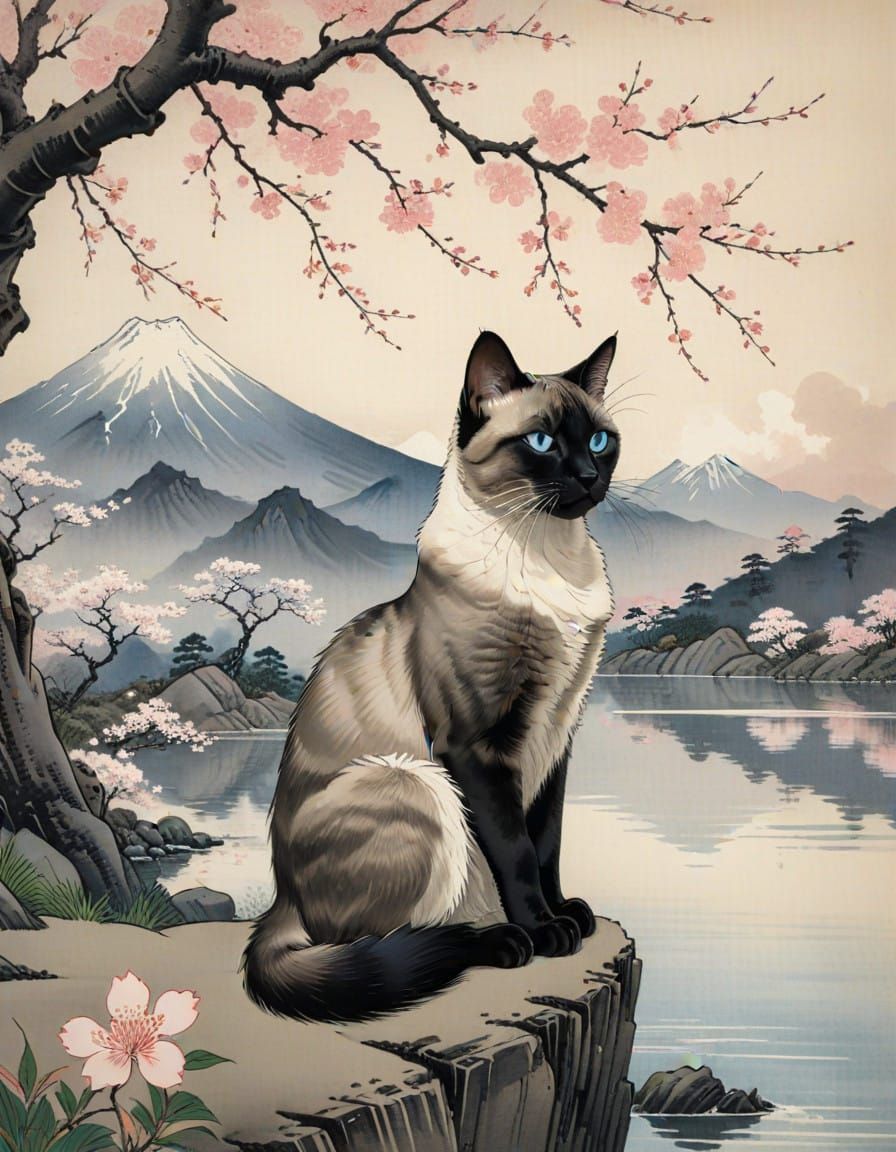 Sitting Siamese Cat in Serene Eastern Landscape
