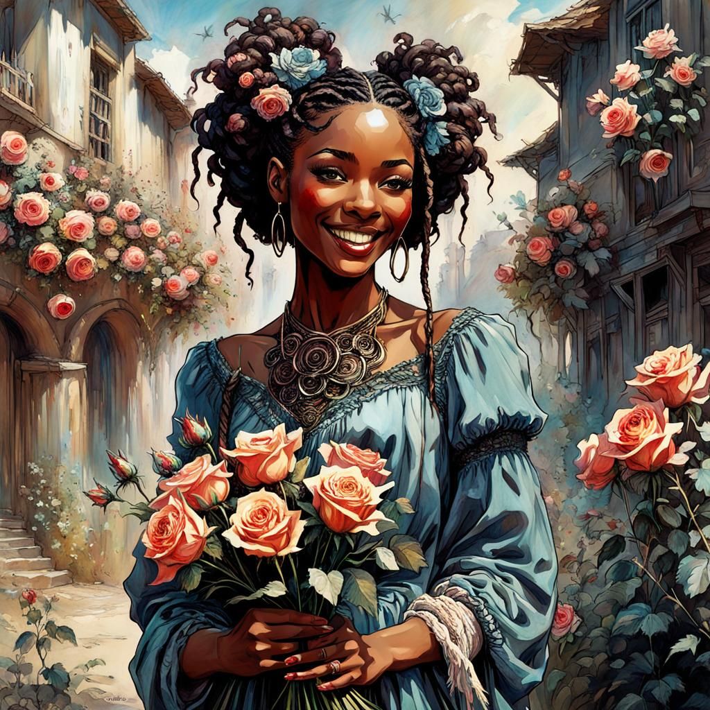 Beautiful black woman holding roses