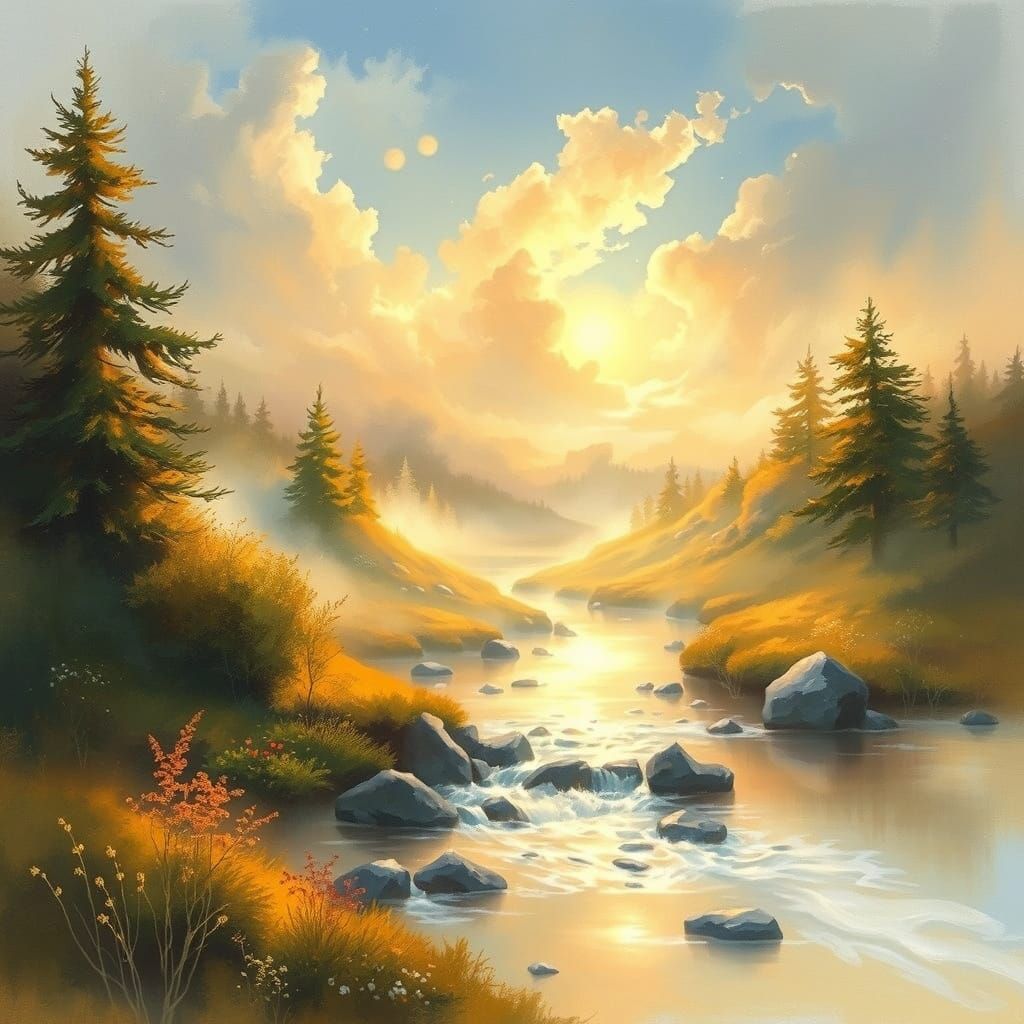 Golden River Landscape in Dreamy Watercolor Style