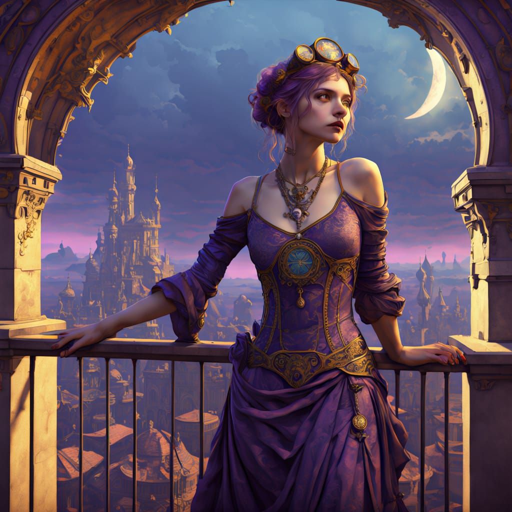 Art Nouveau Woman Overlooking Steampunk City
