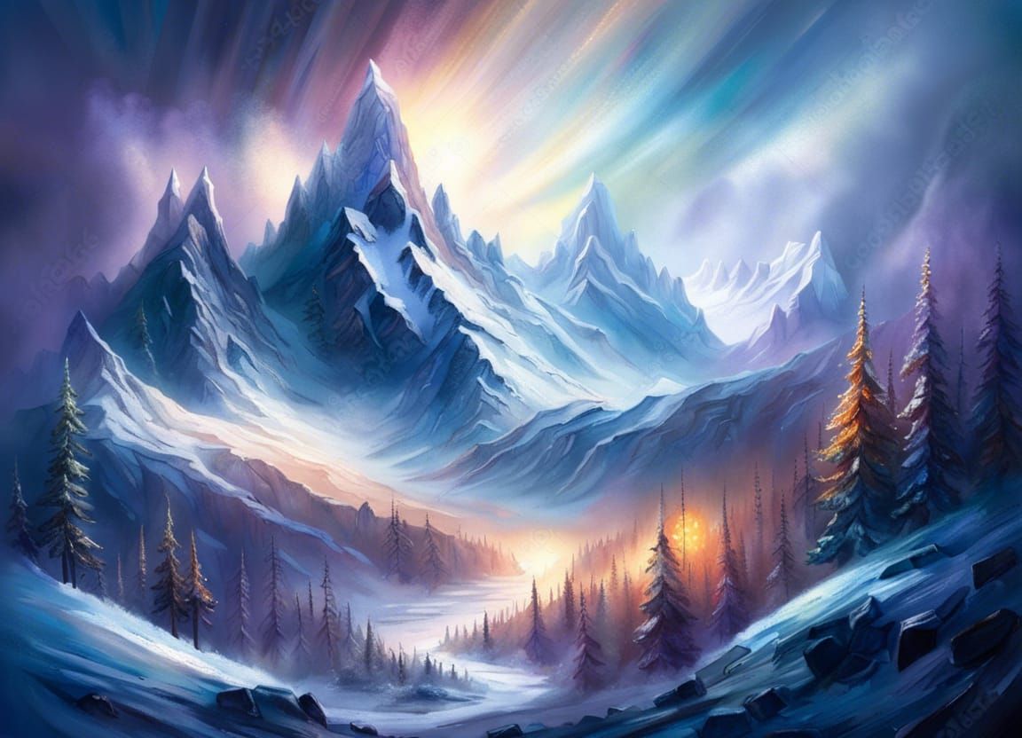 A magical snowy mountain peak