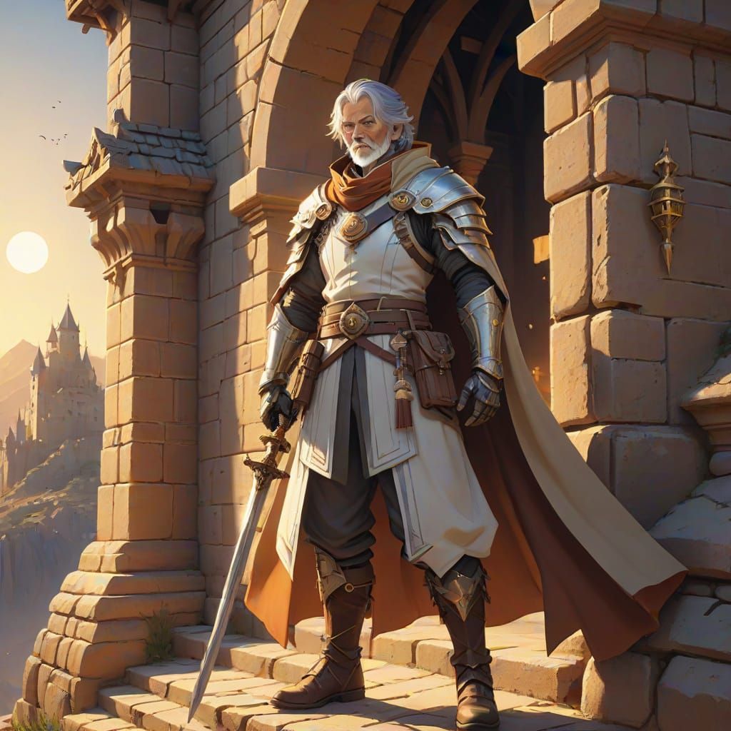 Medieval Hero Climbs Castle Wall Under Golden Hour