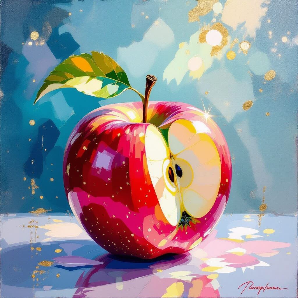 Impressionistic Worm in Apple Painting with Luminous Colors