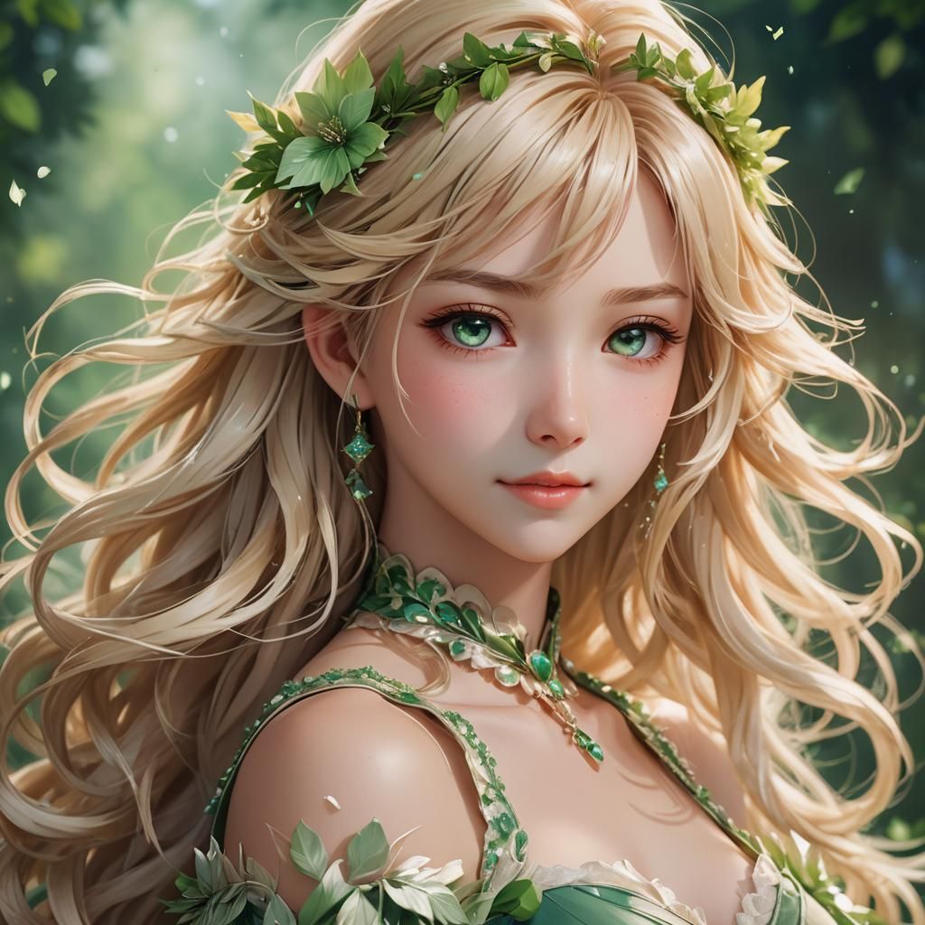 A breathtaking anime waifu with luscious blonde hair, dresse...