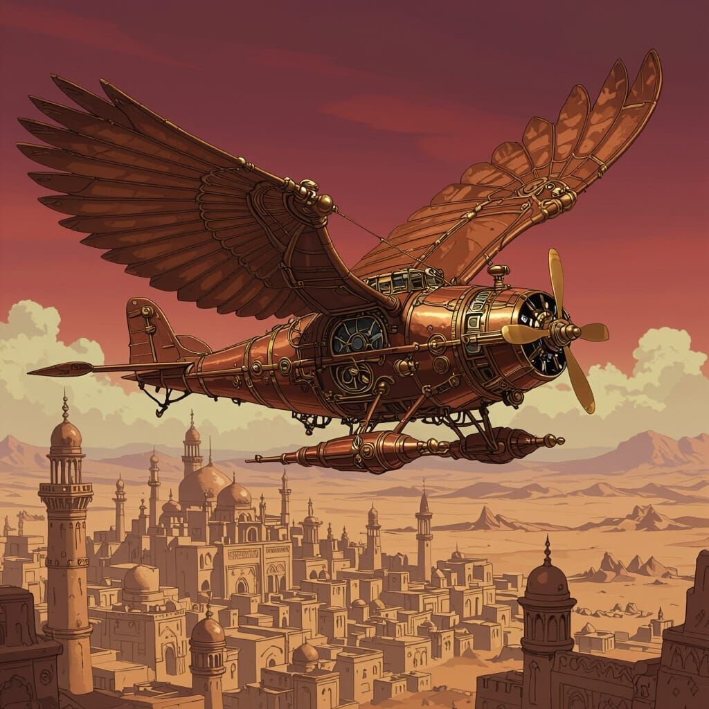 Steampunk Ornithopter Soaring Above Desert City