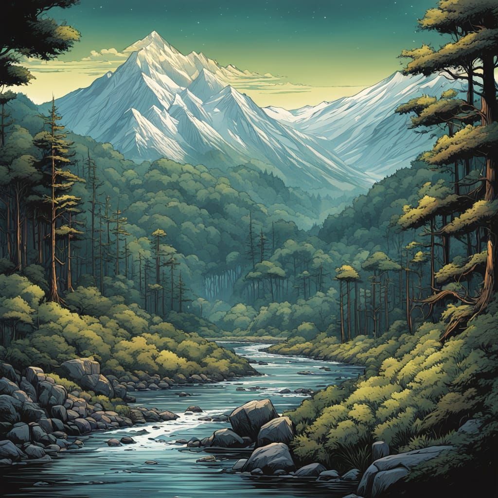 Scenic River Through Forest in Comic Book Style