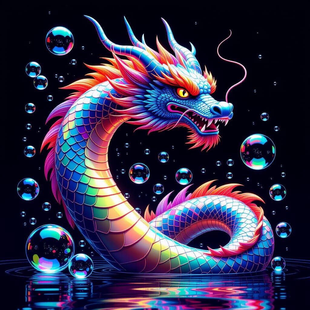 Rainbow Bubble Dragon on Black Background