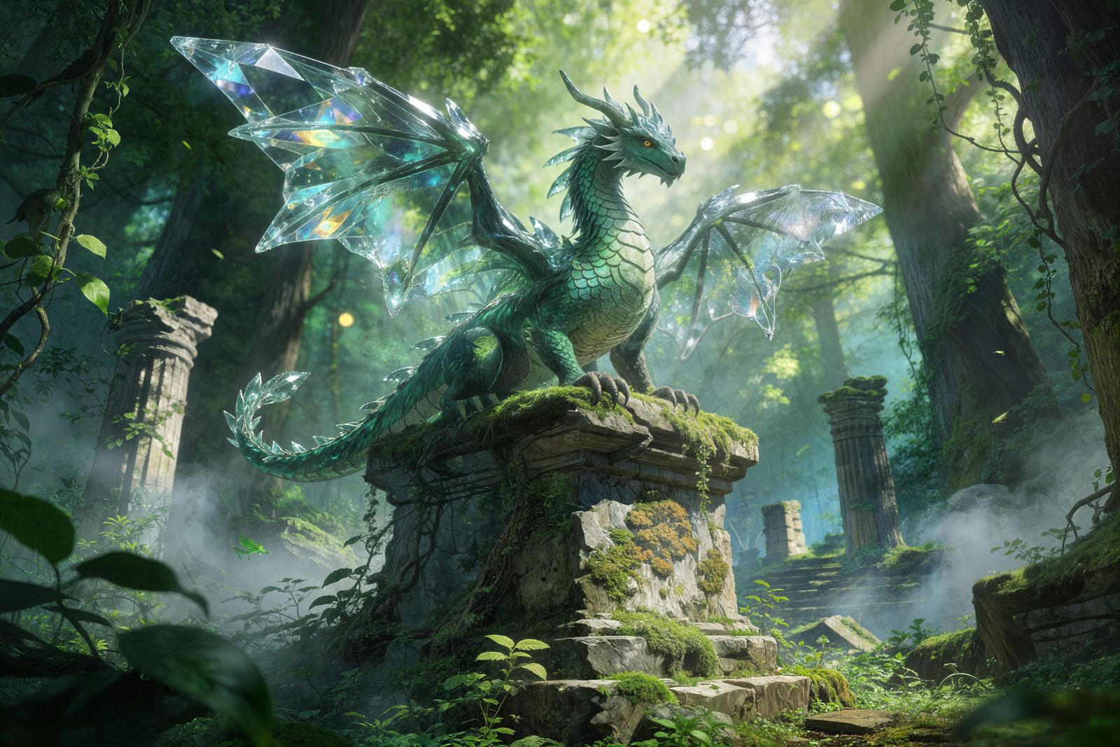 Emerald Dragon on Ancient Pedestal in Enchanted Forest