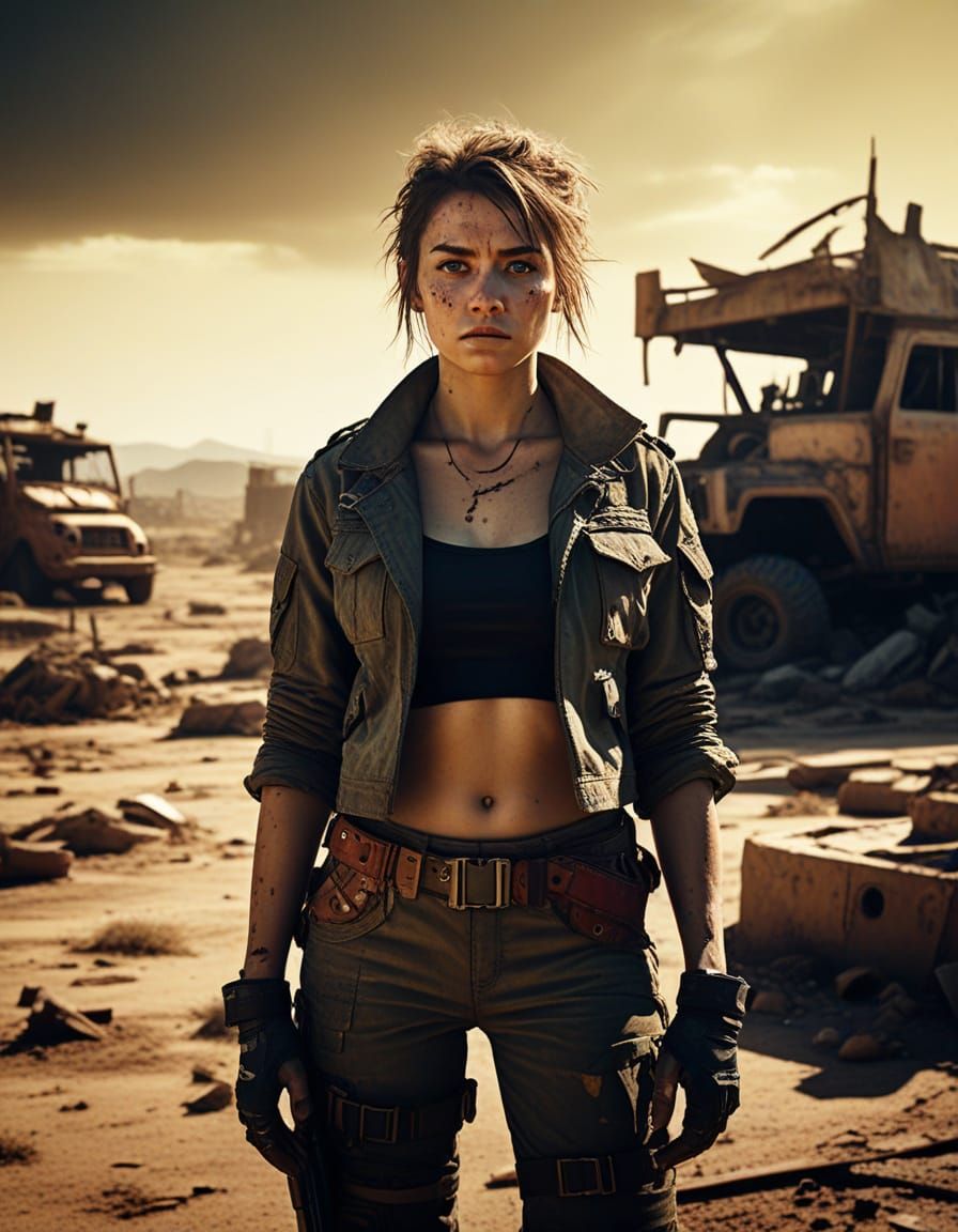 Female Soldier in Post-Nuclear Wasteland, Cinematic Style